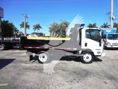 Isuzu NPR-HD dump truck side view showing dumping bed and cab with white exterior.