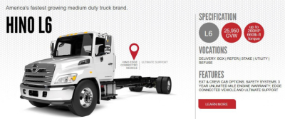 Hino L6 tow truck side/front view with cab and chassis, HINO L6 branding, specification box showing 25,950 GVW and weiterhin features icon layout.