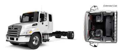 Cab chassis truck with extended cab and chassis visible; front view shows Hino-style grille and headlights, interior image shows cab space.