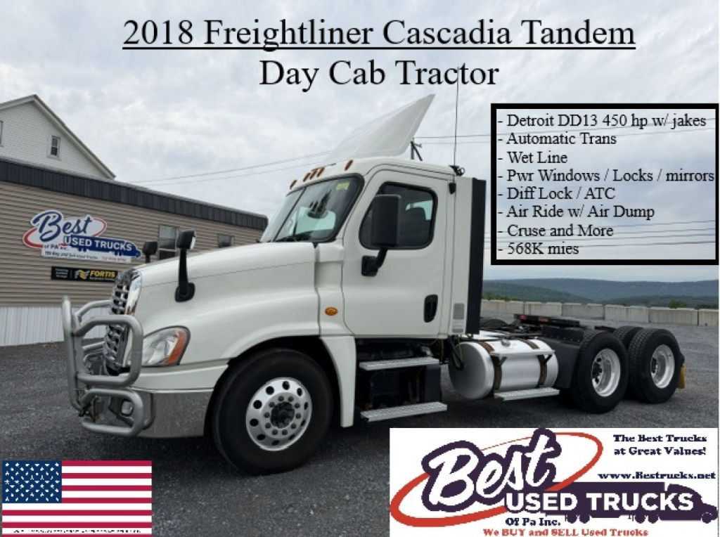 2018 Freightliner Cascadia Tandem Day Cab Tractor showing Detroit DD13 450 hp with Jake brakes, automatic transmission, wet lines, diff lock, A/C, and 568K miles.