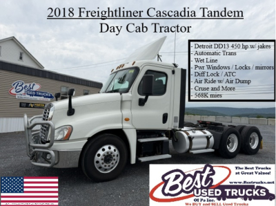 2018 Freightliner Cascadia Tandem Day Cab Tractor showing Detroit DD13 450 hp with Jake brakes, automatic transmission, wet lines, diff lock, A/C, and 568K miles.