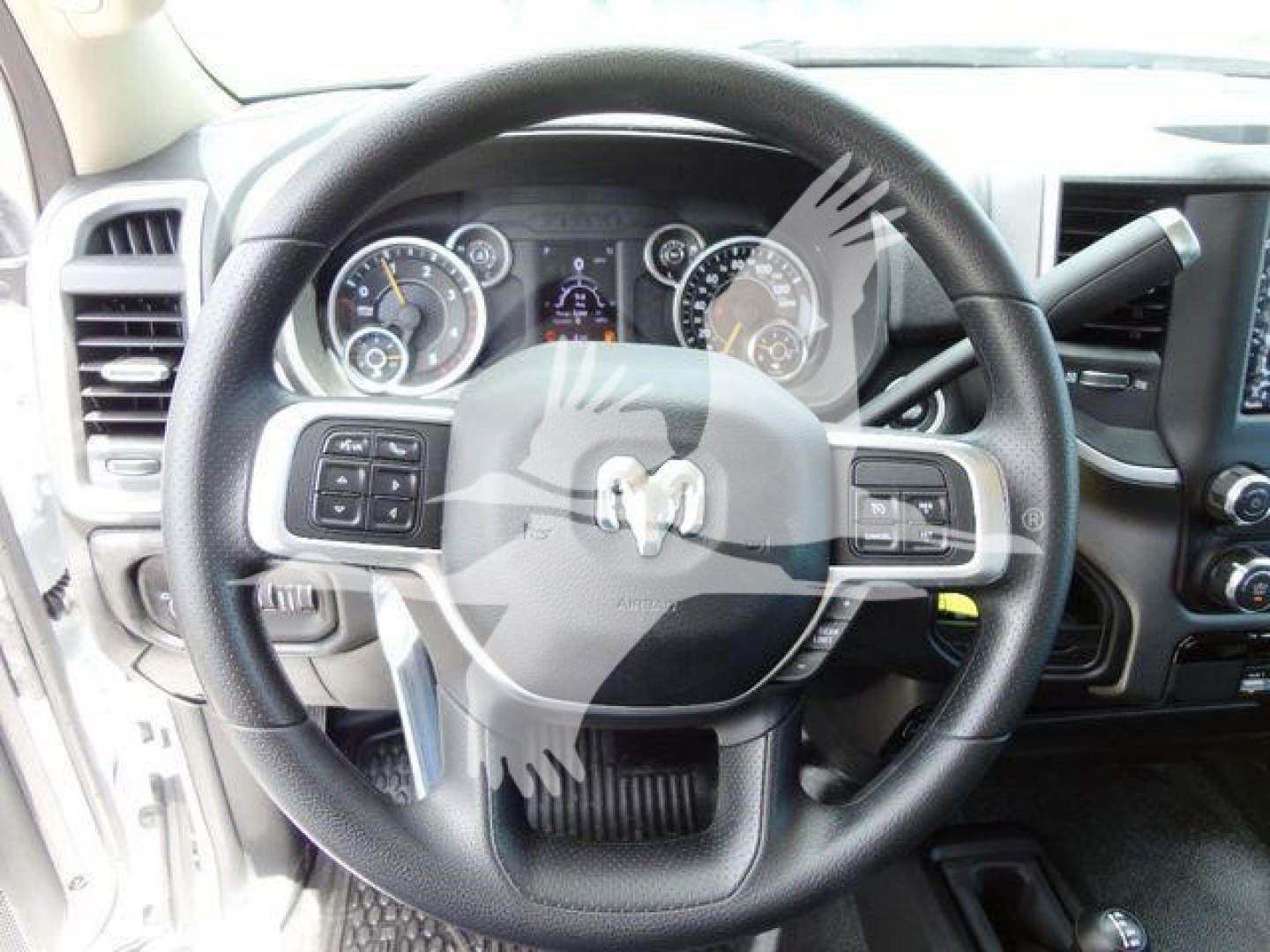 Ram 4500 dash and steering wheel view showing instrument cluster and controls