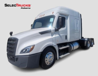 Freightliner Cascadia 126 tractor-trailer showing cab and front wheel with SelecTrucks Alabama logo in top left.