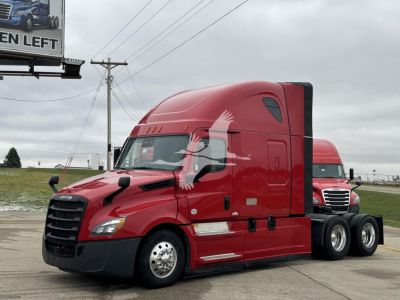  Freightliner Cascadia 126 semi-truck in red, cab front-left view with sleeper, two rear axles, VIN 3AKJHHDRXPSUC5280 visible on listing, stock 2608091.