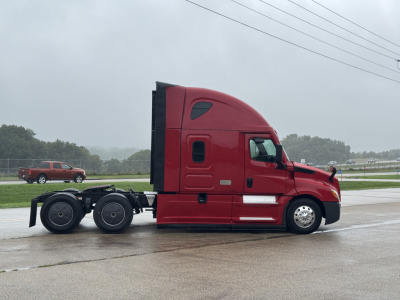 Truck cabin side profile of a red Freightliner Cascadia 126 conventional sleeper, 6x2 rear axles, with stock number 2608091 visible.