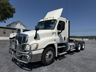 Freightliner Cascadia CA125DC truck in white, front grille guard with bumper, dual rear axles, hood open, side view showing cab and fuel tanks.