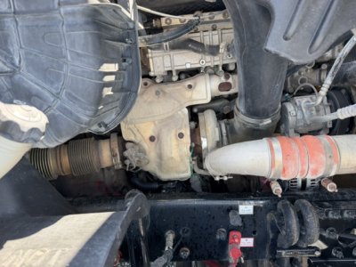 Vehicle engine bay view of a 2017 Freightliner Cascadia CA125DC showing engine components, hoses, and intake area.
