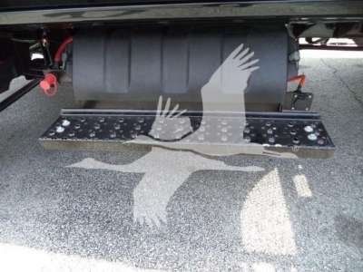 Truck rear showing chrome step bumper with steps and a fuel tank above; shadow of a bird graphic on the ground under the bumper.