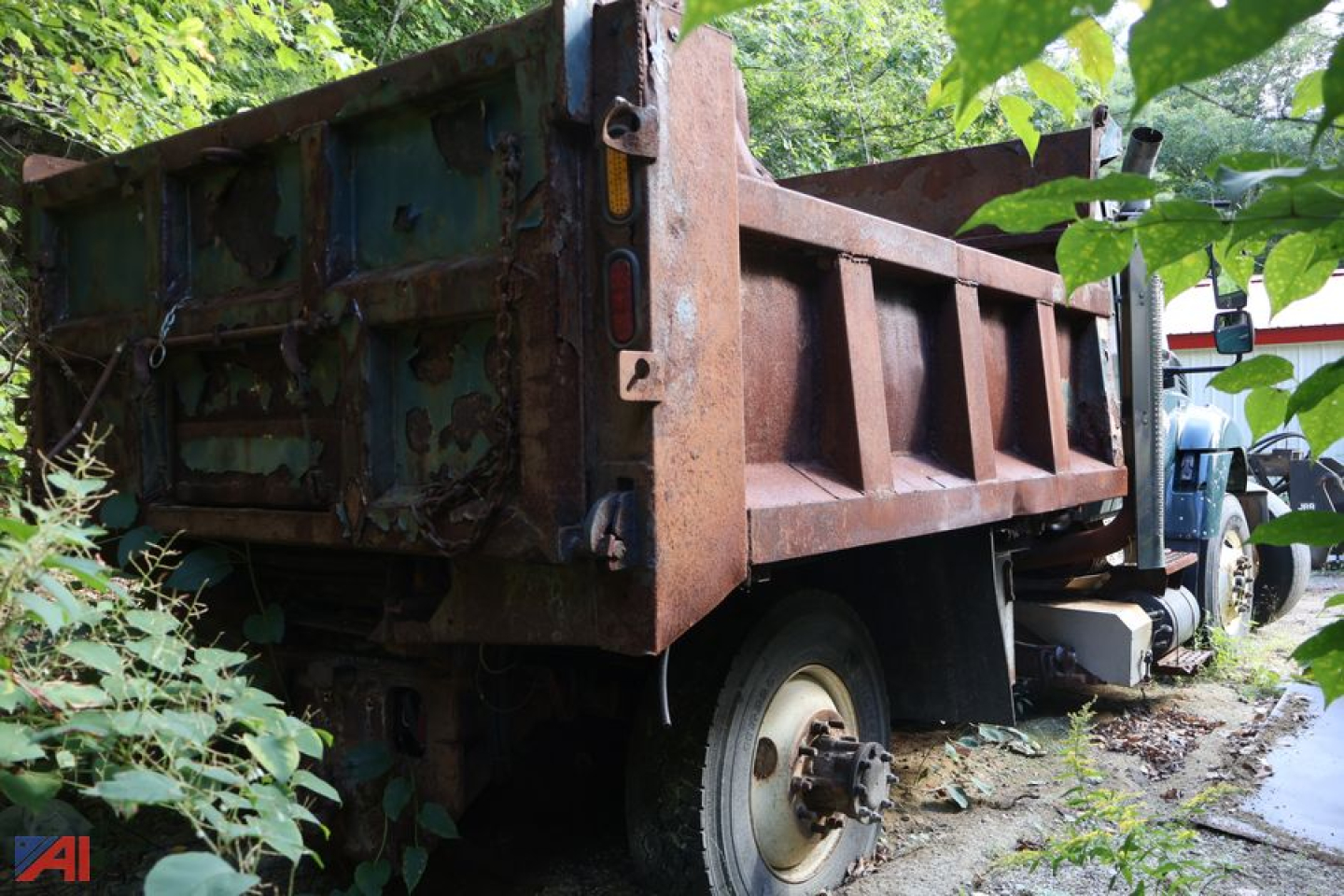 Dump truck bed of a 2009 International SA525 WorkStar 7400 viewed from rear left side showing rusty dump box and wheel, overgrown vegetation.