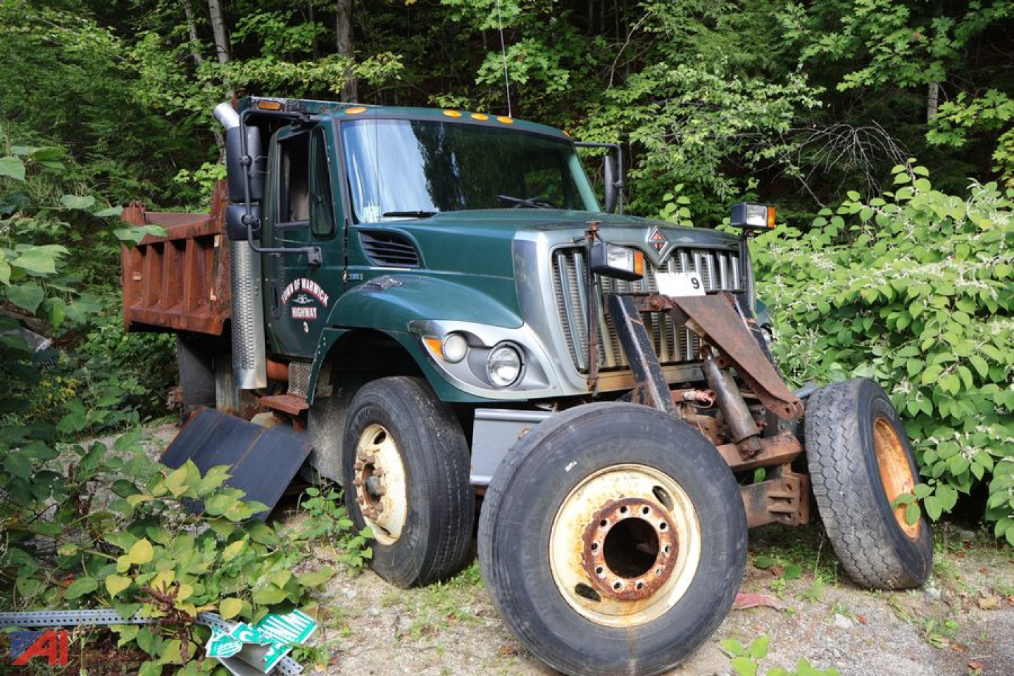 International SA525 WorkStar 7400 dump truck in a wooded area with front-mounted snowplow and rusted wheel rims.