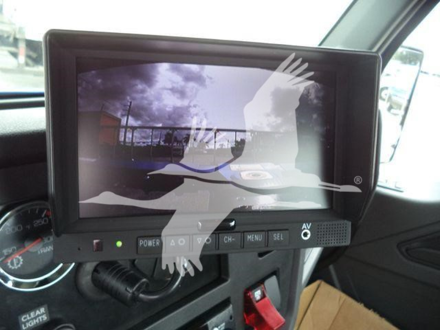 In-cab monitor display showing navigation/infotainment unit mounted on dash of 2025 Kenworth T280 truck.