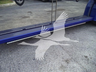 Kenworth T280 side step area with blue exterior and sliding door sill, showing a gray bird silhouette watermark on the ground.