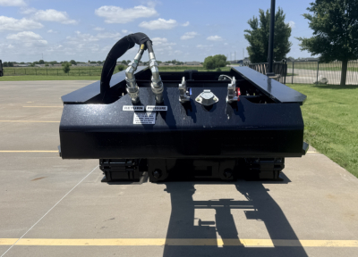 Alpha A110HDG-SF-18" LDH lowboy trailer front view showing hoses, connectors, and deck frame; text labels on control panel and safety decals visible.