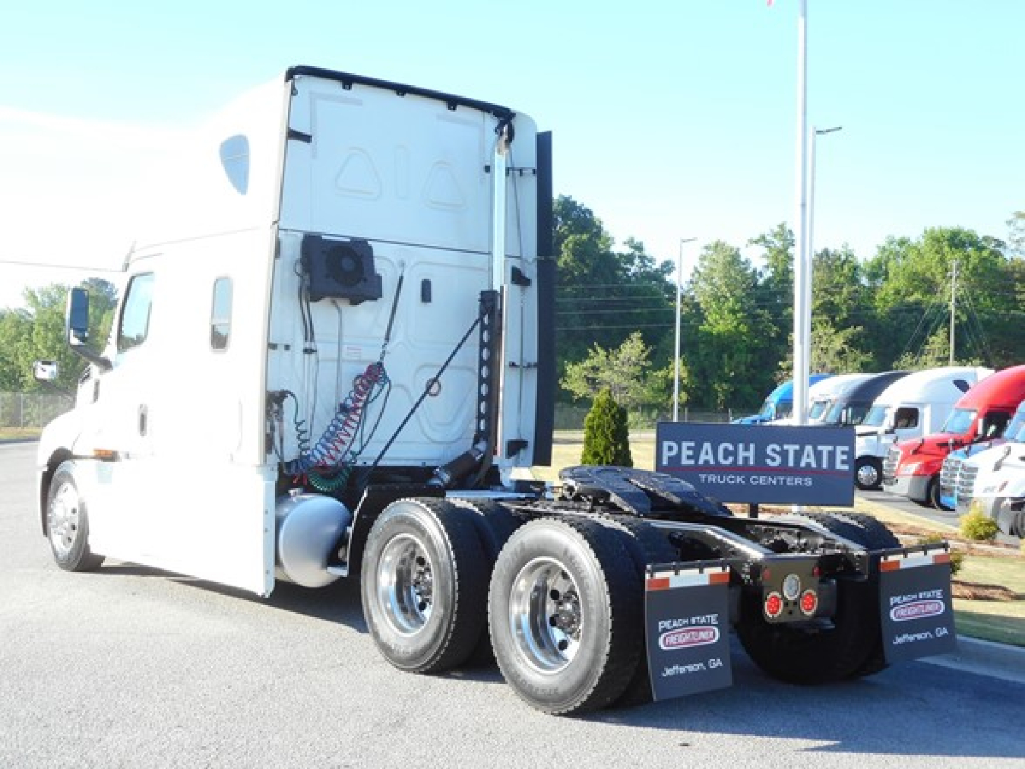 Truck cab and chassis showing Freightliner Cascadia 126 rear view with dual rear axles, white exterior, and various cables; visible signage reads PEACH STATE TRUCK CENTERS and JOHNSON GA on mudflaps.