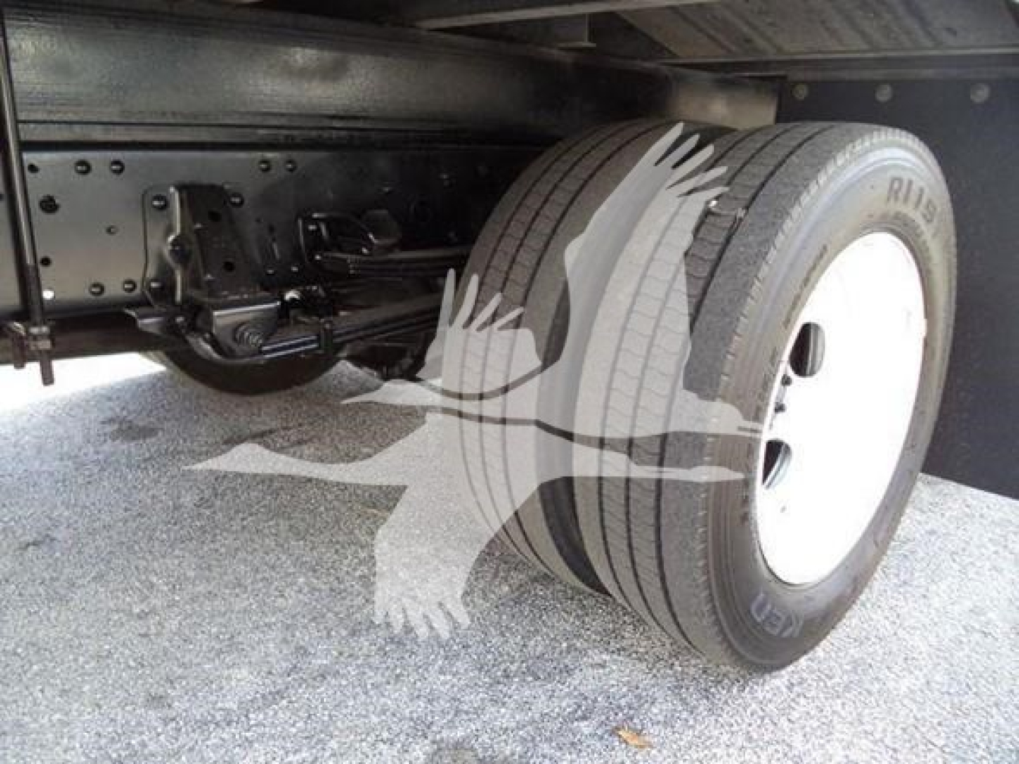 Truck rear axle and dual rear tires on Isuzu NPRR chassis showing suspension and frame components.