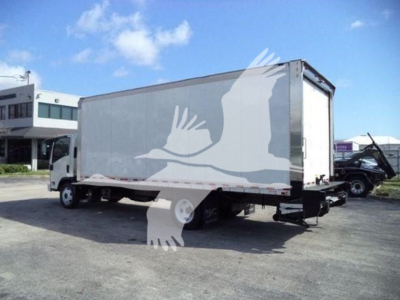 Isuzu box truck with a large white goose graphic overlay on side. Side view shows box cargo area and cab, with a raised rear. No legible model text visible.