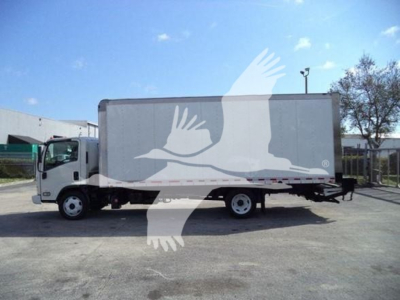 Isuzu NPR/NRR box truck side view showing cargo box with white/gray exterior and standard cab.