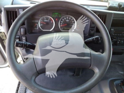 Isuzu NPRR truck interior showing steering wheel and instrument cluster with gauges.