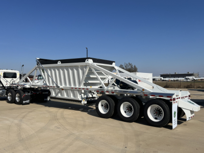 Armor Lite SBD42 tri-axle air ride trailer in white showing Skeletal framework and triple-axle suspension with deck, side rails, and tail section.