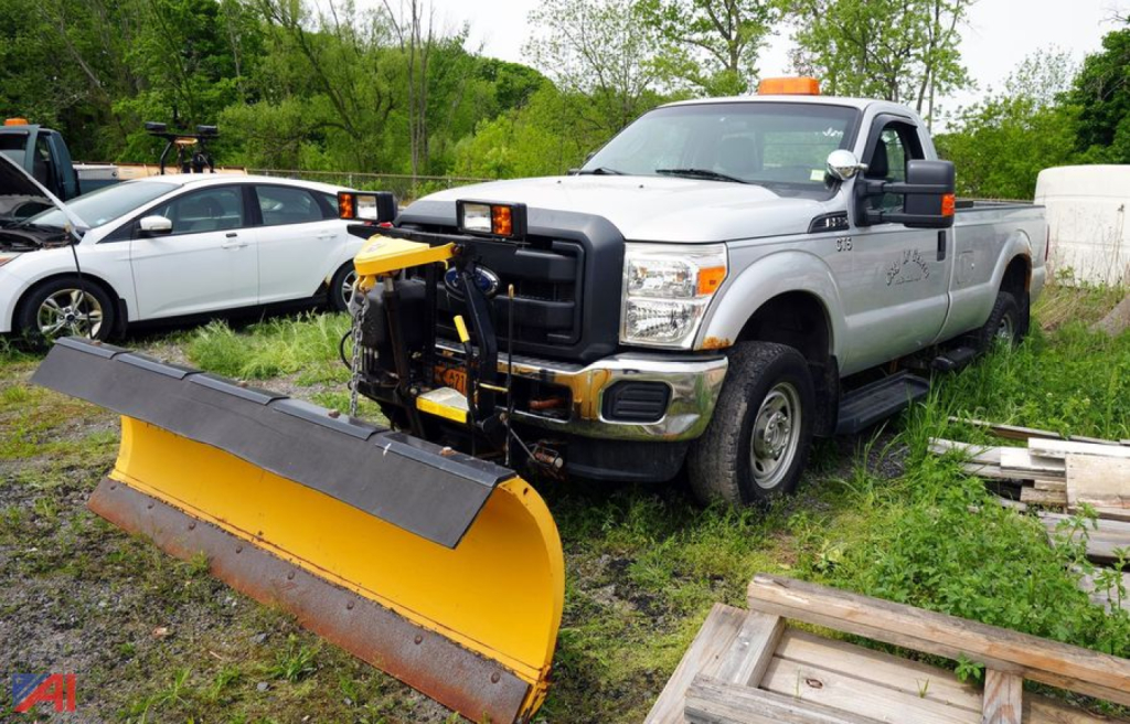 Ford F-250 pickup with snow plow blade attached in a grassy lot, front view showing XL trim and extended cab.