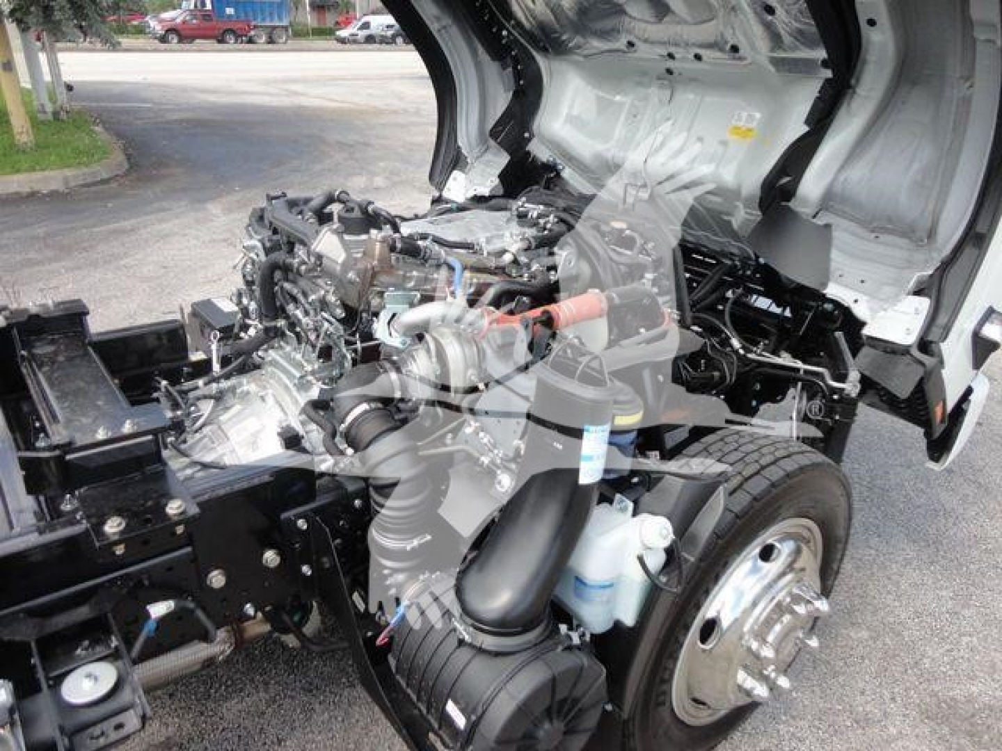 Isuzu NPRR truck chassis and engine bay view showing diesel engine with exposed components and white cab interior