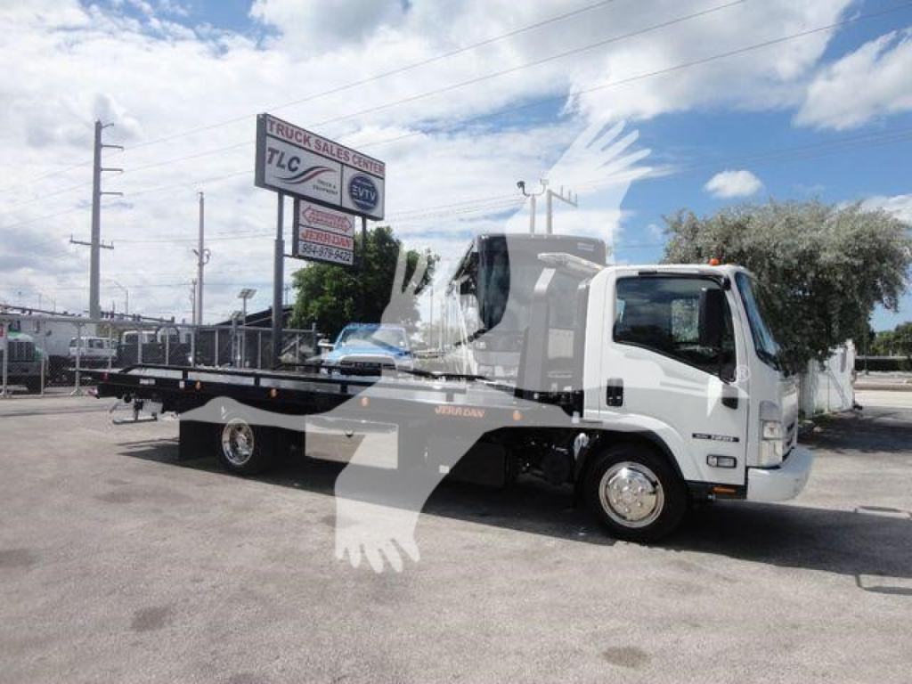 Isuzu NPR/NRR rollback tow truck in white with dual rear wheels and flatbed, parked outdoors; stock number NRRDSL22XLP visible in listing context.