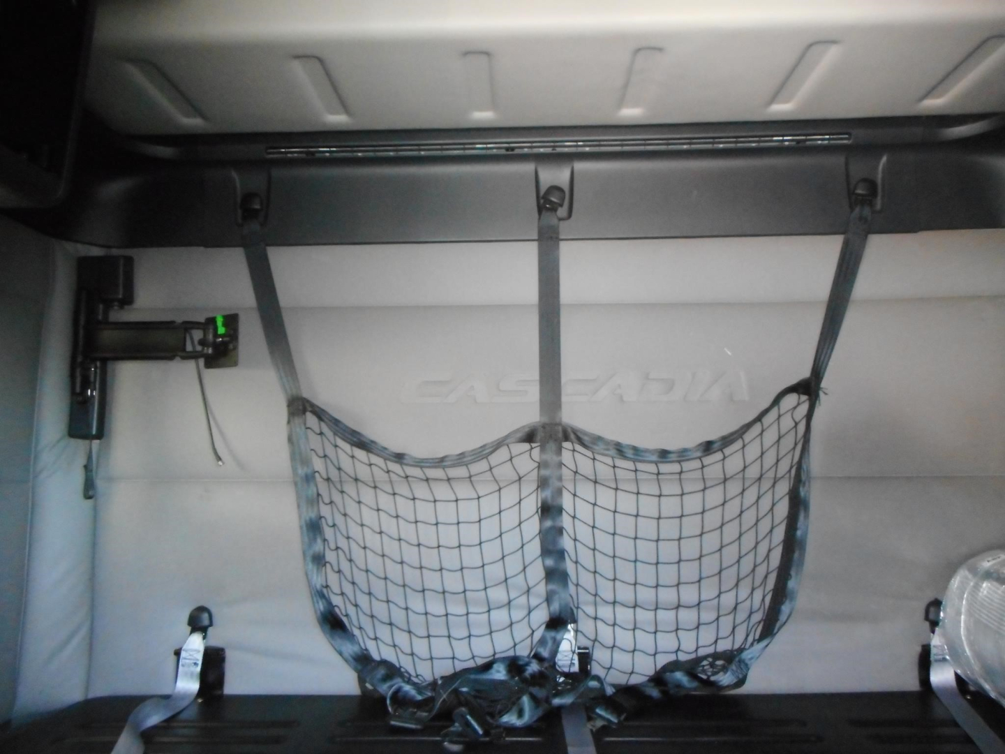Freightliner Cascadia 116 sleeper cab interior view with cargo net and rear side panel, showing light gray interior and straps.