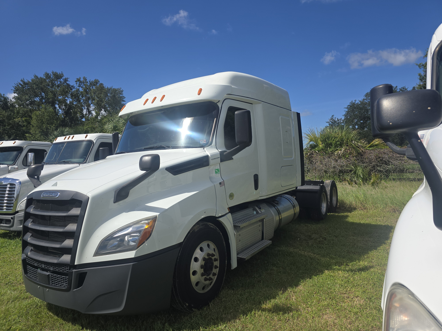 2020 Freightliner Cascadia sleeper cab truck in a used lot, side view showing cab and front grille