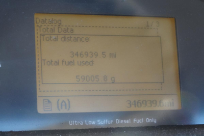Volvo VNM drivetrain panel showing Databook: Total Data, Total distance 346939.5 mi, Total fuel used 59005.8 gal, Ultra Low Sulfur Diesel Fuel Only.