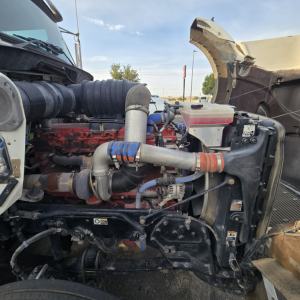 Kenworth T800 engine bay showing turbo intercooler piping, hoses, radiator, and engine components in a daytime service area.