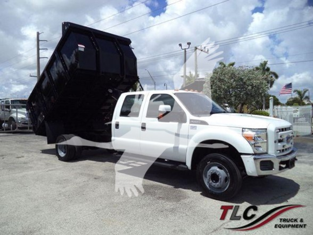 Ford F-550 dump truck with white cab and black dump bed, raised at a slight angle, front grille and headlights visible, dealership watermark