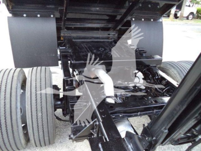 Dump truck chassis rear view showing drivetrain and suspension components under a Ford F-550, with dual rear axles and exhaust routing visible.