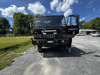 Truck front view with open passenger door showing 'FORESTY' text on the side, headlights, bumper, and grille; Muddy gravel lot background with trees.