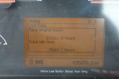 Dashboard display showing Datalog data: Total engine hours 23261.5 hours, Total idle time 7569.7 hours, 435271.8 mi. Ultra Low Sulfur Diesel Fuel Only.