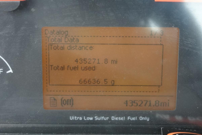 Volvo instrument panel display showing total distance 435271.8 mi and total fuel used 66636.5 gal, Ultra Low Sulfur Diesel fuel only label.
