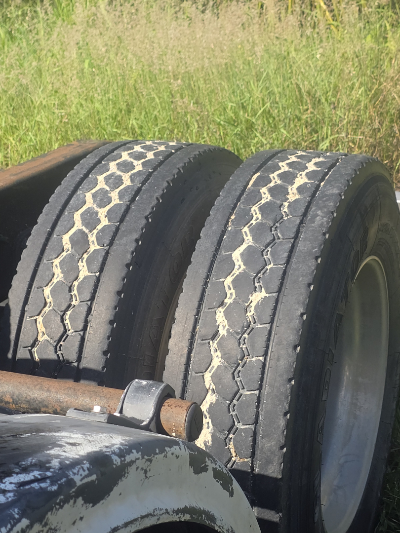 Dual rear truck tires with tread pattern visible on a Freightliner Cascadia 125 day cab — part of a used tractor-trailer.