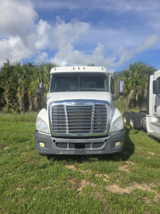 Front view of a white Freightliner Cascadia 125 day cab truck, grille and bumper visible, parked on grass.