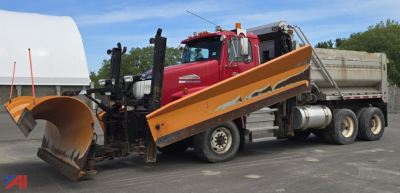 Dump truck with a plow attachment and high-volume dump bed in side view showing the front cab and plow blade.