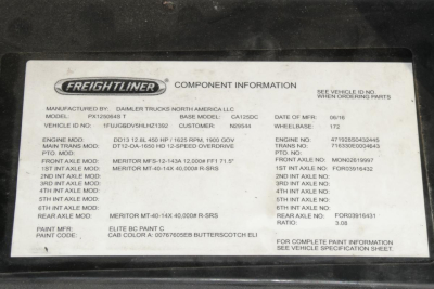 Freightliner component information plate on a 2017 Cascadia 125; shows VIN 1FUJGEDV5HLHZ1392, engine/factory data, paint code, and part numbers.