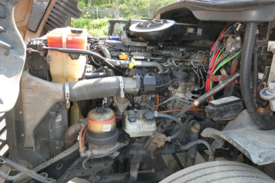 Freightliner Cascadia 125 engine bay showing multiple hoses, reservoirs, and wiring harnesses.