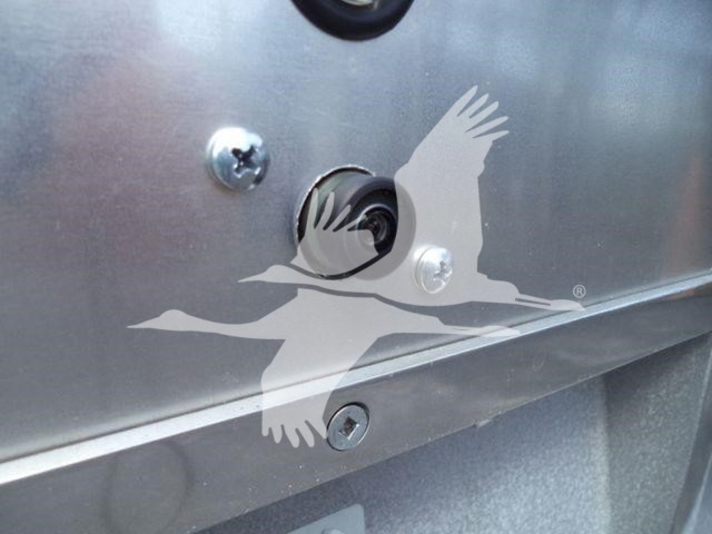 Ram 5500 SLT flatbed truck showing keyhole and fasteners on metal surface with a bird decal partially overlaid.