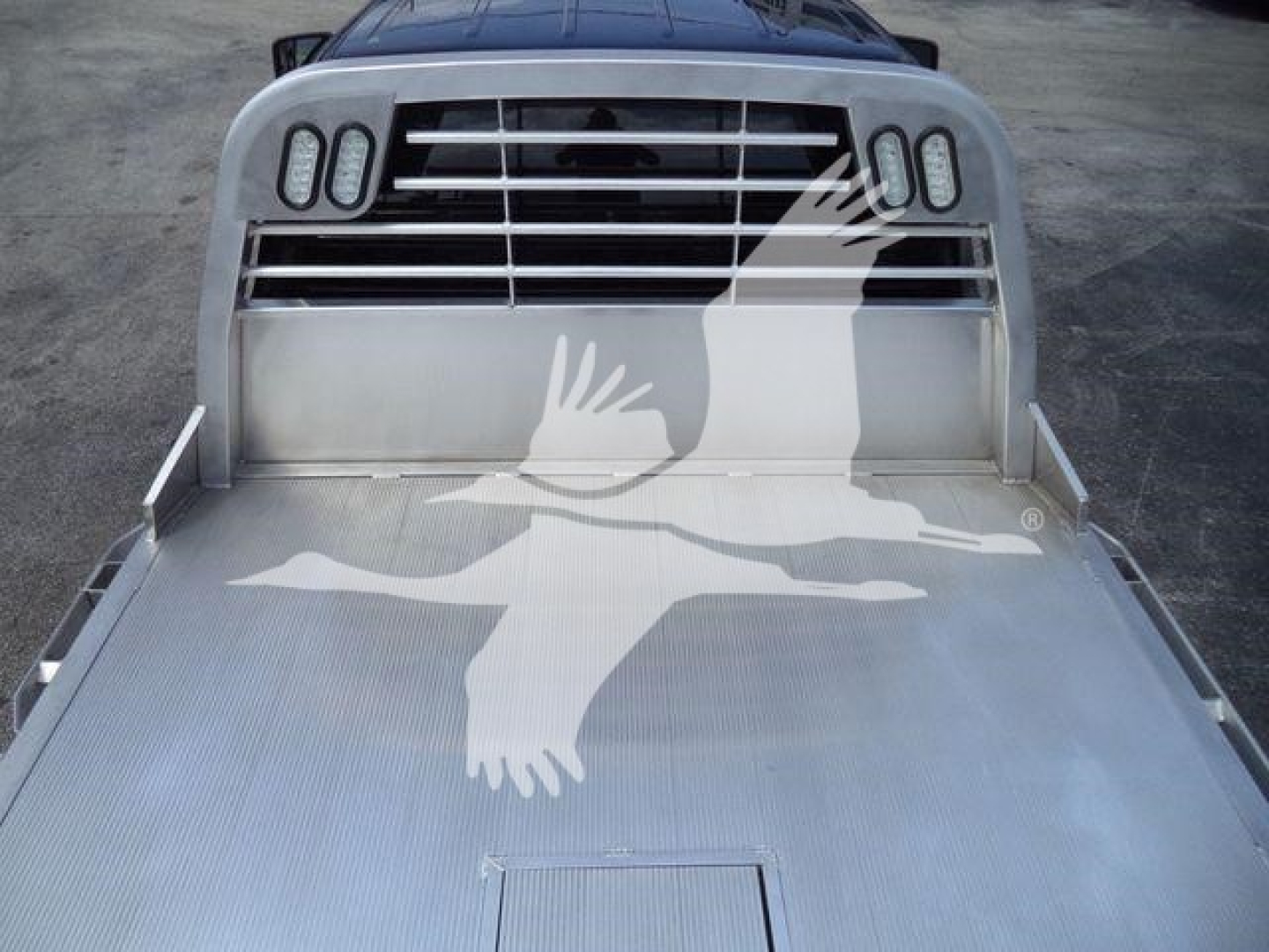 Ram 5500 SLT front grille and flatbed showing metal deck and hood area with bird watermark overlay