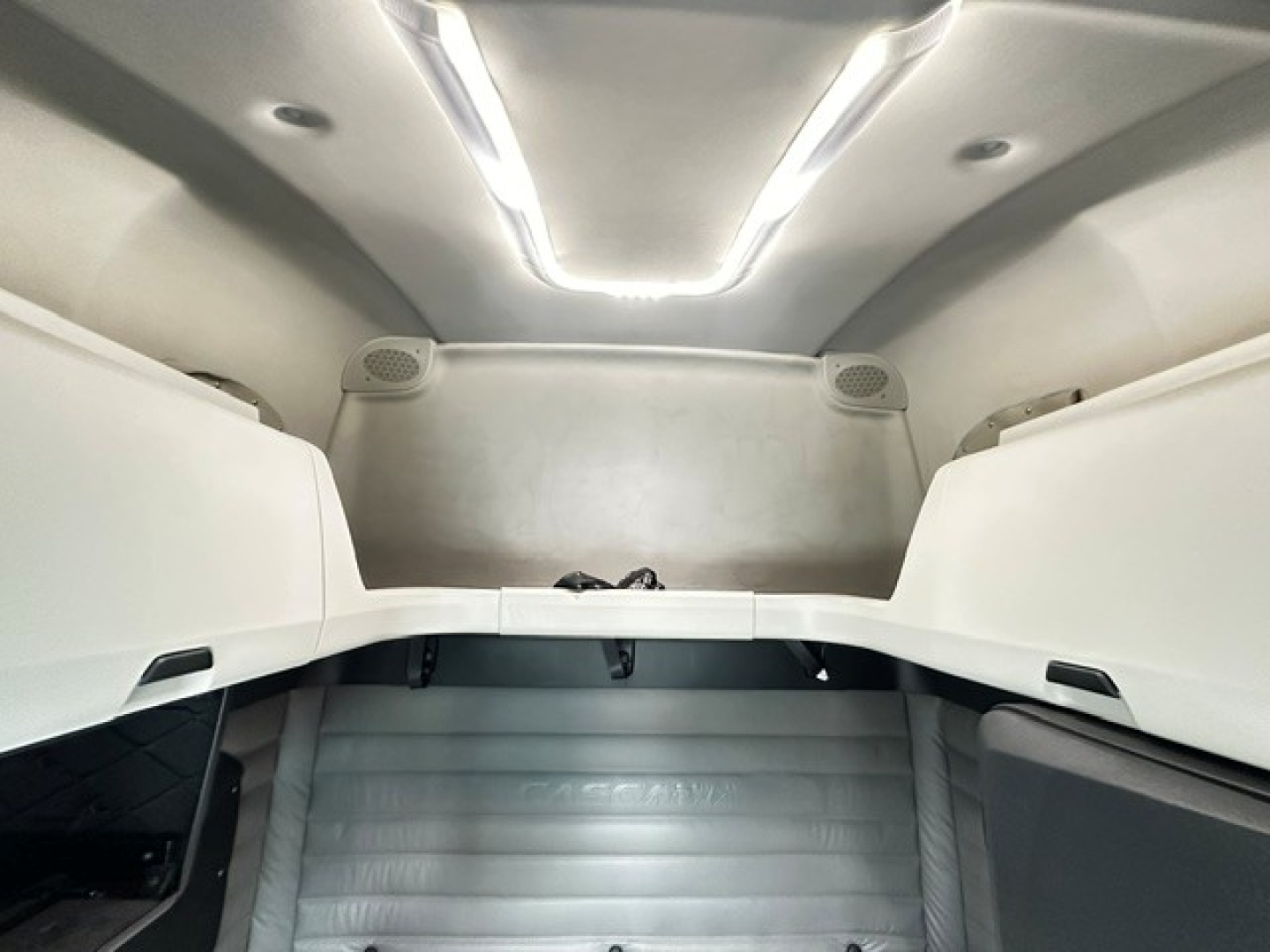 Cab interior of a 2023 Freightliner Cascadia 126 sleeper showing overhead bunks and interior panels.