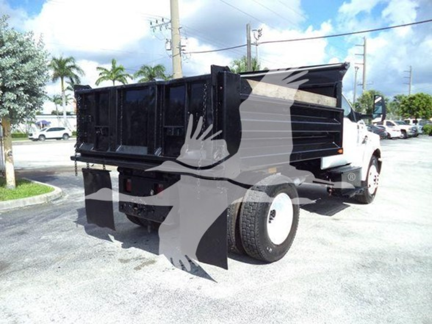 Dump truck rear/side view of a 2017 Ford F650 dump truck showing dump bed, rear wheels, and chassis.