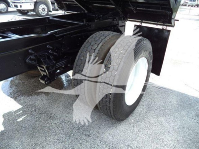 Ford F650 dump truck chassis rear view showing dual rear tires and suspension undercarriage with black frame and white wheel rims.