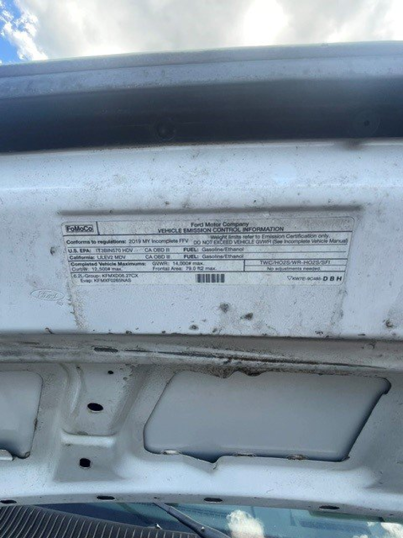 Ford E-Series Cutaway Vin plate showing vehicle emission information label under open hood area.