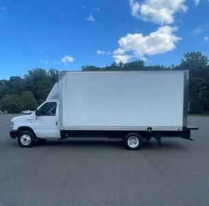 2019 Ford E-Series Cutaway box truck side profile showing cab, large white box body, and chassis undercarriage.