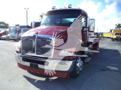 Kenworth T280 rollback truck shown front-left with red cab and chrome grille.