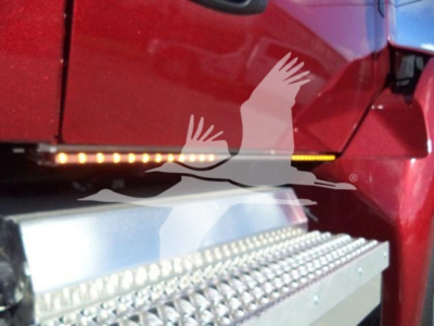 Truck cab side with side mirror and LED marker lights, red exterior, aluminum step plate visible.