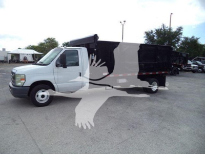 Ford E450 dump truck with white cab and black dump bed, side view showing stock photo with watermark Overlay bird graphic.